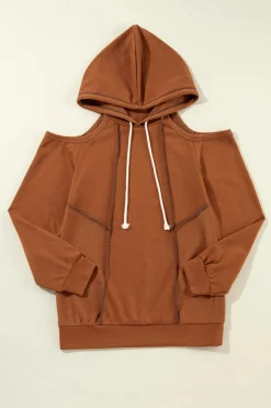 Fashion Dear-Lover Exposed Seam Cold Shoulder Drawstring Hoodie Cinnamon