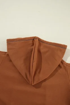Fashion Dear-Lover Exposed Seam Cold Shoulder Drawstring Hoodie Cinnamon