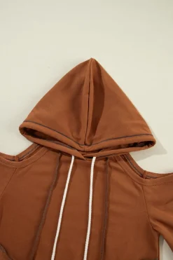 Fashion Dear-Lover Exposed Seam Cold Shoulder Drawstring Hoodie Cinnamon