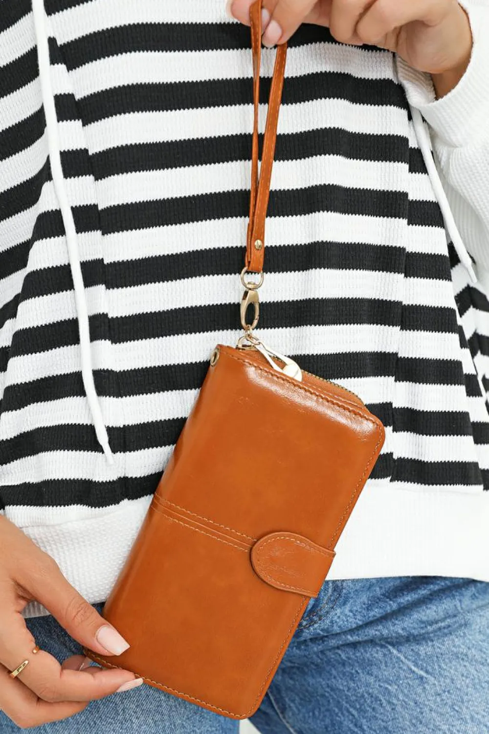 Sale Dear-Lover Faux Leather Zip Around Wrist Strap Long Wallet Cinnamon
