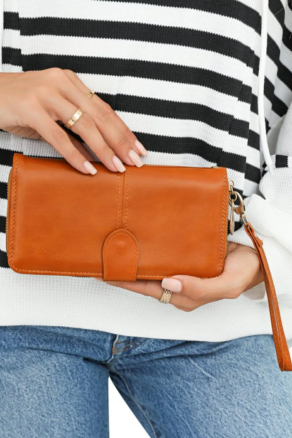 Sale Dear-Lover Faux Leather Zip Around Wrist Strap Long Wallet Cinnamon
