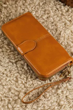 Sale Dear-Lover Faux Leather Zip Around Wrist Strap Long Wallet Cinnamon