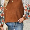 Online Dear-Lover Floral Patchwork Long Sleeve Ribbed Blouse Cinnamon