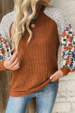 Online Dear-Lover Floral Patchwork Long Sleeve Ribbed Blouse Cinnamon