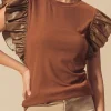 Sale Dear-Lover Leather Ruffle Sleeve Patchwork Round Neck Blouse Cinnamon
