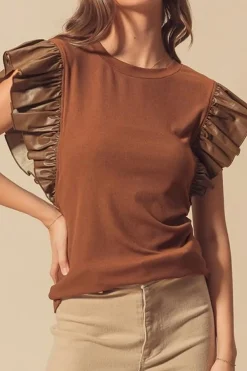 Sale Dear-Lover Leather Ruffle Sleeve Patchwork Round Neck Blouse Cinnamon