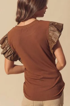 Sale Dear-Lover Leather Ruffle Sleeve Patchwork Round Neck Blouse Cinnamon