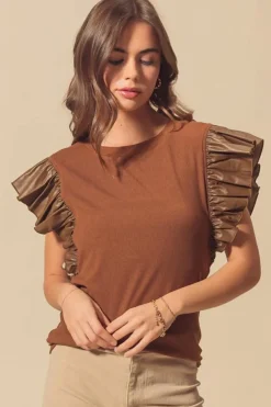 Sale Dear-Lover Leather Ruffle Sleeve Patchwork Round Neck Blouse Cinnamon
