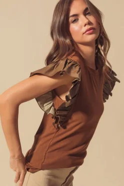 Sale Dear-Lover Leather Ruffle Sleeve Patchwork Round Neck Blouse Cinnamon