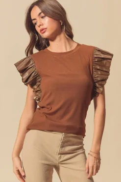 Sale Dear-Lover Leather Ruffle Sleeve Patchwork Round Neck Blouse Cinnamon