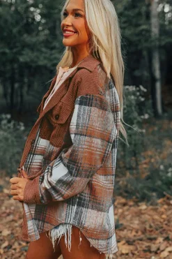 Outlet Dear-Lover Plaid Corduroy Patchwork Chest Pocket Shacket Cinnamon