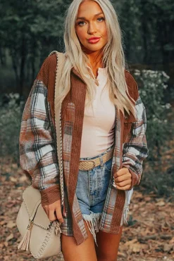 Outlet Dear-Lover Plaid Corduroy Patchwork Chest Pocket Shacket Cinnamon