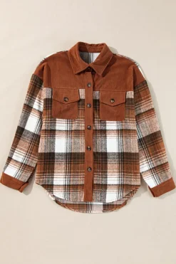 Outlet Dear-Lover Plaid Corduroy Patchwork Chest Pocket Shacket Cinnamon