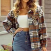 Sale Dear-Lover Plaid Print Chest Pockets Turn Down Collar Shacket Cinnamon