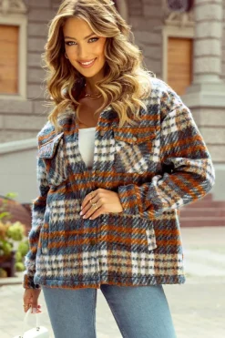 Sale Dear-Lover Plaid Print Chest Pockets Turn Down Collar Shacket Cinnamon