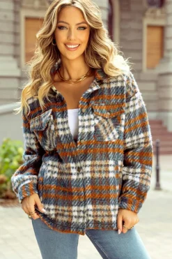 Sale Dear-Lover Plaid Print Chest Pockets Turn Down Collar Shacket Cinnamon