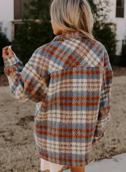 Sale Dear-Lover Plaid Print Chest Pockets Turn Down Collar Shacket Cinnamon