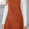 Clearance Dear-Lover Solid Front Pockets Sleeveless Corduroy Overall Dress Cinnamon