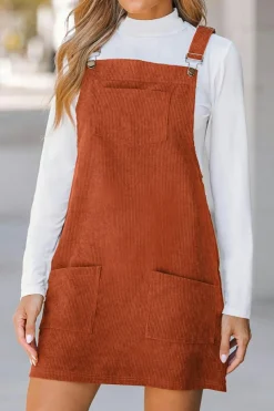Clearance Dear-Lover Solid Front Pockets Sleeveless Corduroy Overall Dress Cinnamon