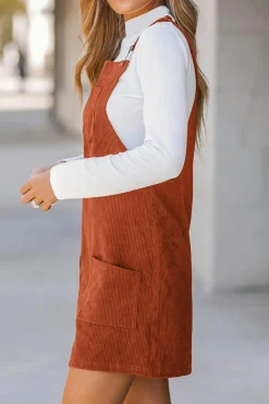 Clearance Dear-Lover Solid Front Pockets Sleeveless Corduroy Overall Dress Cinnamon