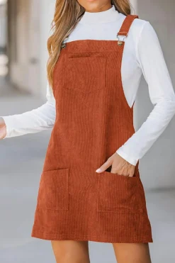 Clearance Dear-Lover Solid Front Pockets Sleeveless Corduroy Overall Dress Cinnamon