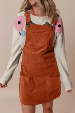 Clearance Dear-Lover Solid Front Pockets Sleeveless Corduroy Overall Dress Cinnamon