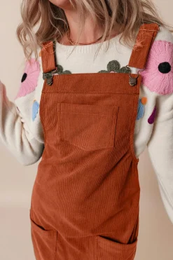 Clearance Dear-Lover Solid Front Pockets Sleeveless Corduroy Overall Dress Cinnamon