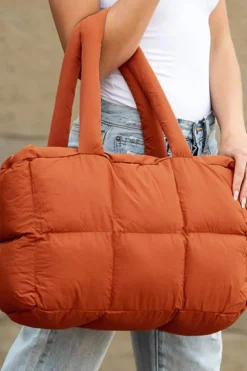 Outlet Dear-Lover Solid Quilted Puffy Zipped Large Tote Bag Cinnamon