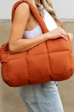 Outlet Dear-Lover Solid Quilted Puffy Zipped Large Tote Bag Cinnamon
