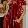 Fashion Dear-Lover Velvet Smocked Neckline Puff Sleeve Shift Mini Dress Cinnamon
