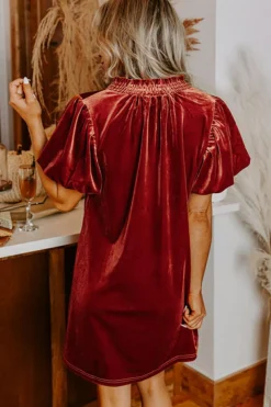 Fashion Dear-Lover Velvet Smocked Neckline Puff Sleeve Shift Mini Dress Cinnamon