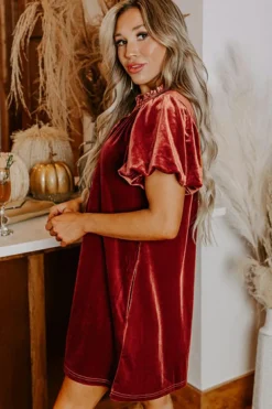Fashion Dear-Lover Velvet Smocked Neckline Puff Sleeve Shift Mini Dress Cinnamon