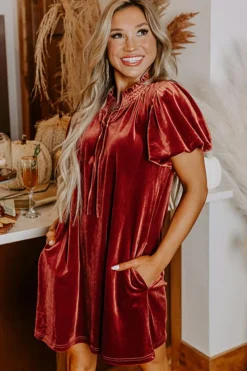 Fashion Dear-Lover Velvet Smocked Neckline Puff Sleeve Shift Mini Dress Cinnamon