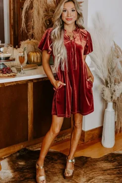 Fashion Dear-Lover Velvet Smocked Neckline Puff Sleeve Shift Mini Dress Cinnamon
