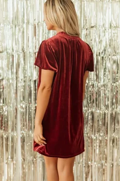 Fashion Dear-Lover Velvet Smocked Neckline Puff Sleeve Shift Mini Dress Cinnamon