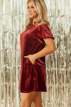 Fashion Dear-Lover Velvet Smocked Neckline Puff Sleeve Shift Mini Dress Cinnamon