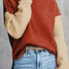 Hot Dear-Lover Clay Red Color Block Turtle Neck Drop Shoulder Knit Sweater Red Clay