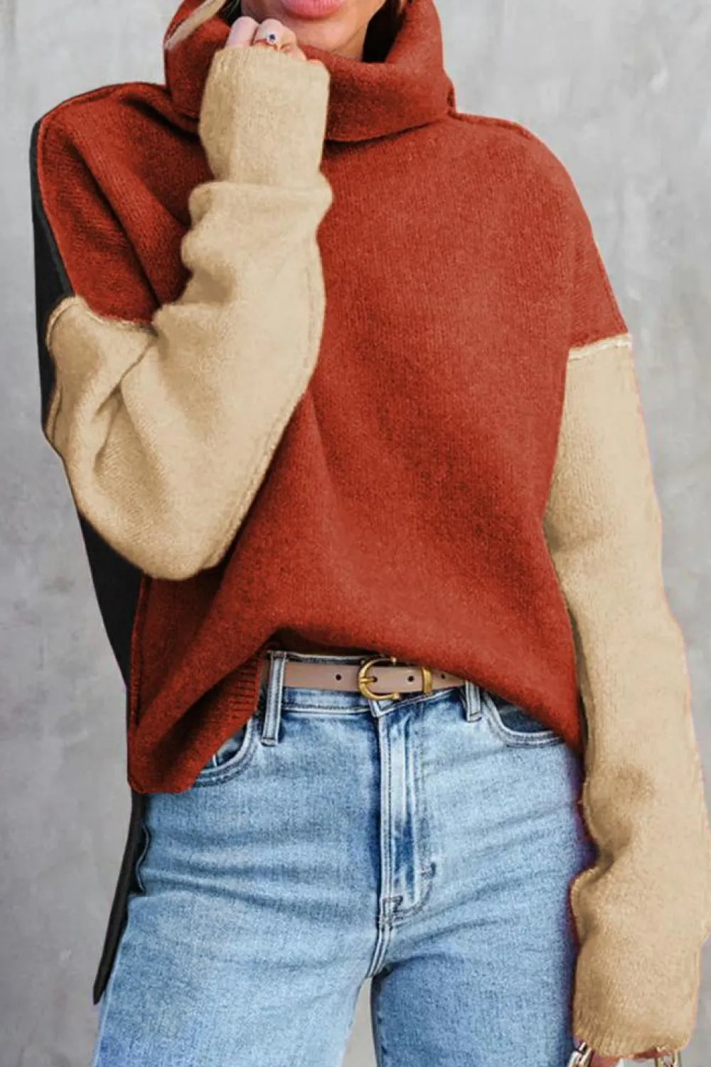 Hot Dear-Lover Clay Red Color Block Turtle Neck Drop Shoulder Knit Sweater Red Clay