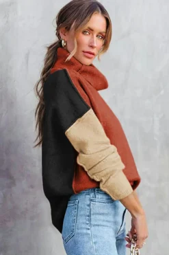 Hot Dear-Lover Clay Red Color Block Turtle Neck Drop Shoulder Knit Sweater Red Clay