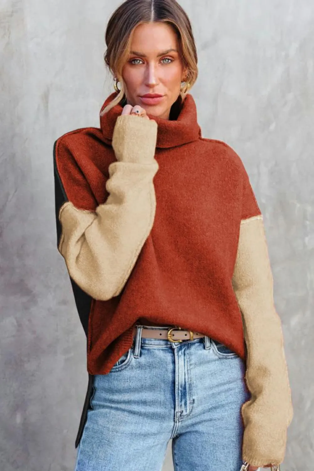 Hot Dear-Lover Clay Red Color Block Turtle Neck Drop Shoulder Knit Sweater Red Clay