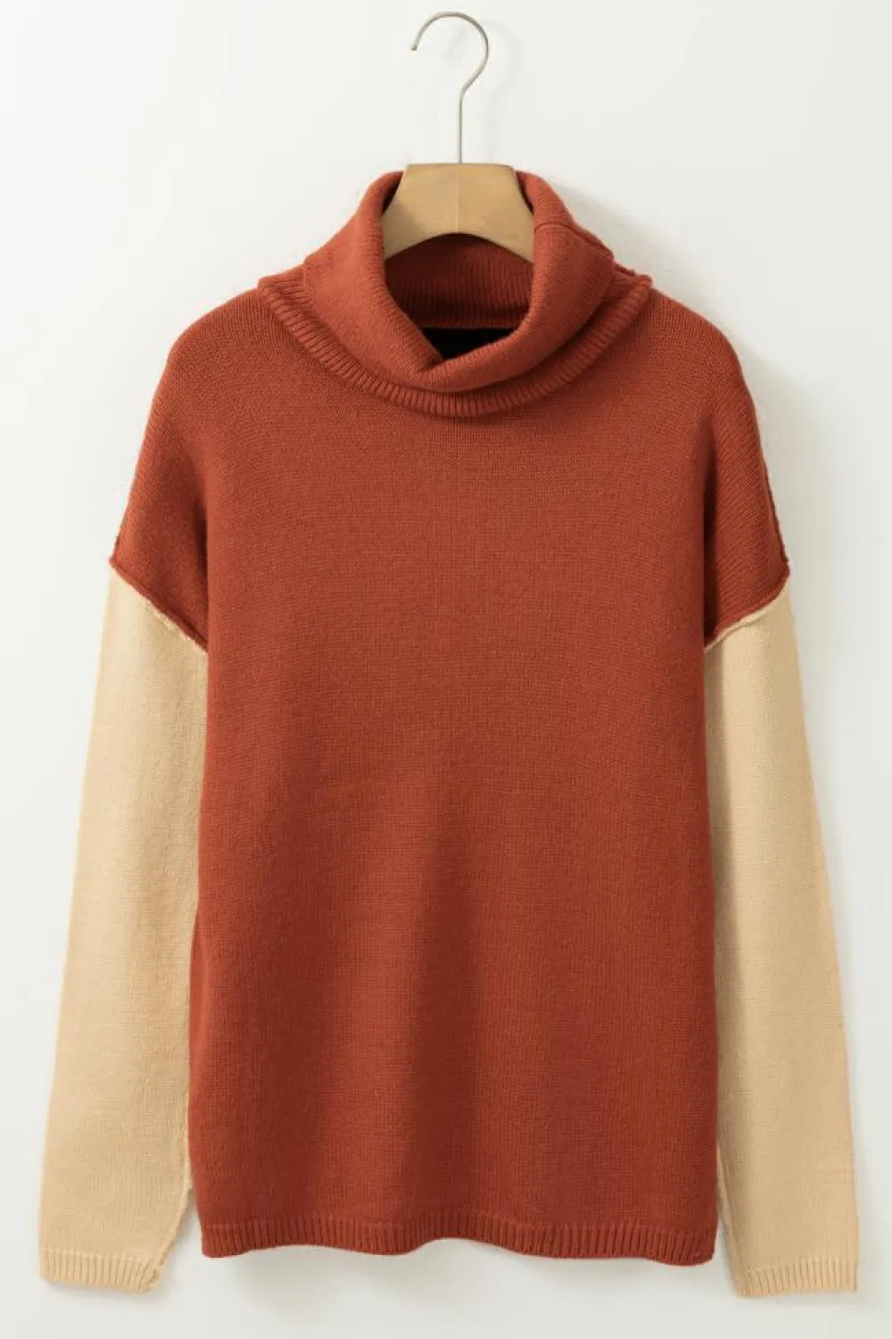 Hot Dear-Lover Clay Red Color Block Turtle Neck Drop Shoulder Knit Sweater Red Clay