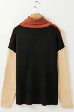 Hot Dear-Lover Clay Red Color Block Turtle Neck Drop Shoulder Knit Sweater Red Clay