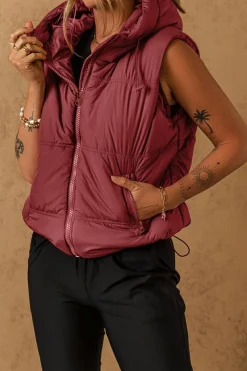 Hot Dear-Lover Zip-up Side Pockets Hooded Puffer Vest Clay