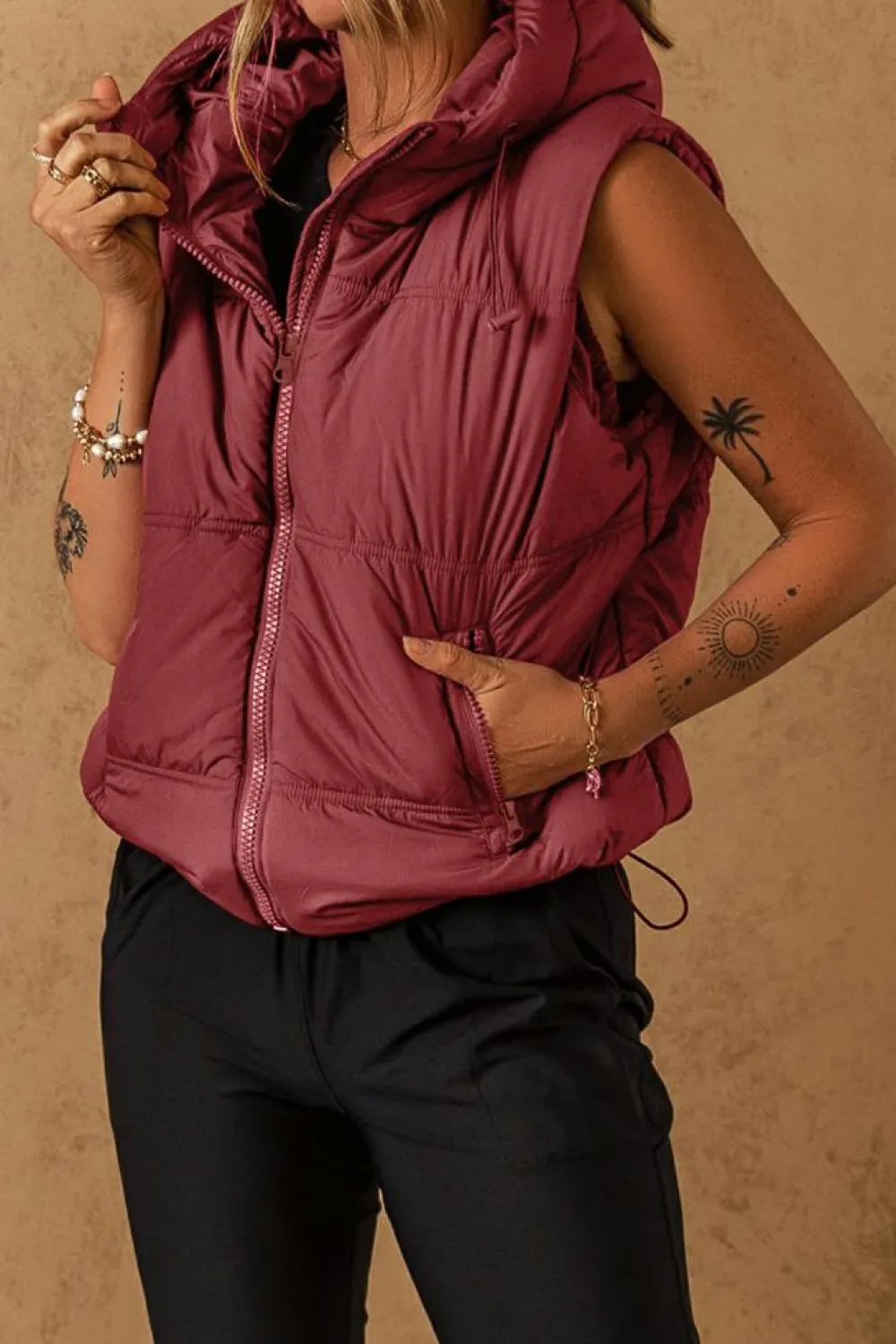 Hot Dear-Lover Zip-up Side Pockets Hooded Puffer Vest Clay