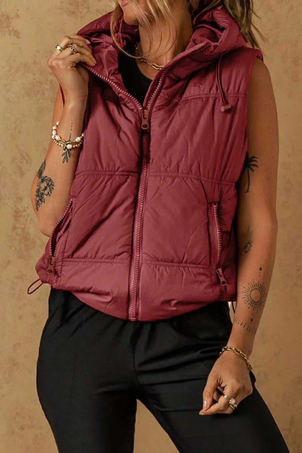 Hot Dear-Lover Zip-up Side Pockets Hooded Puffer Vest Clay