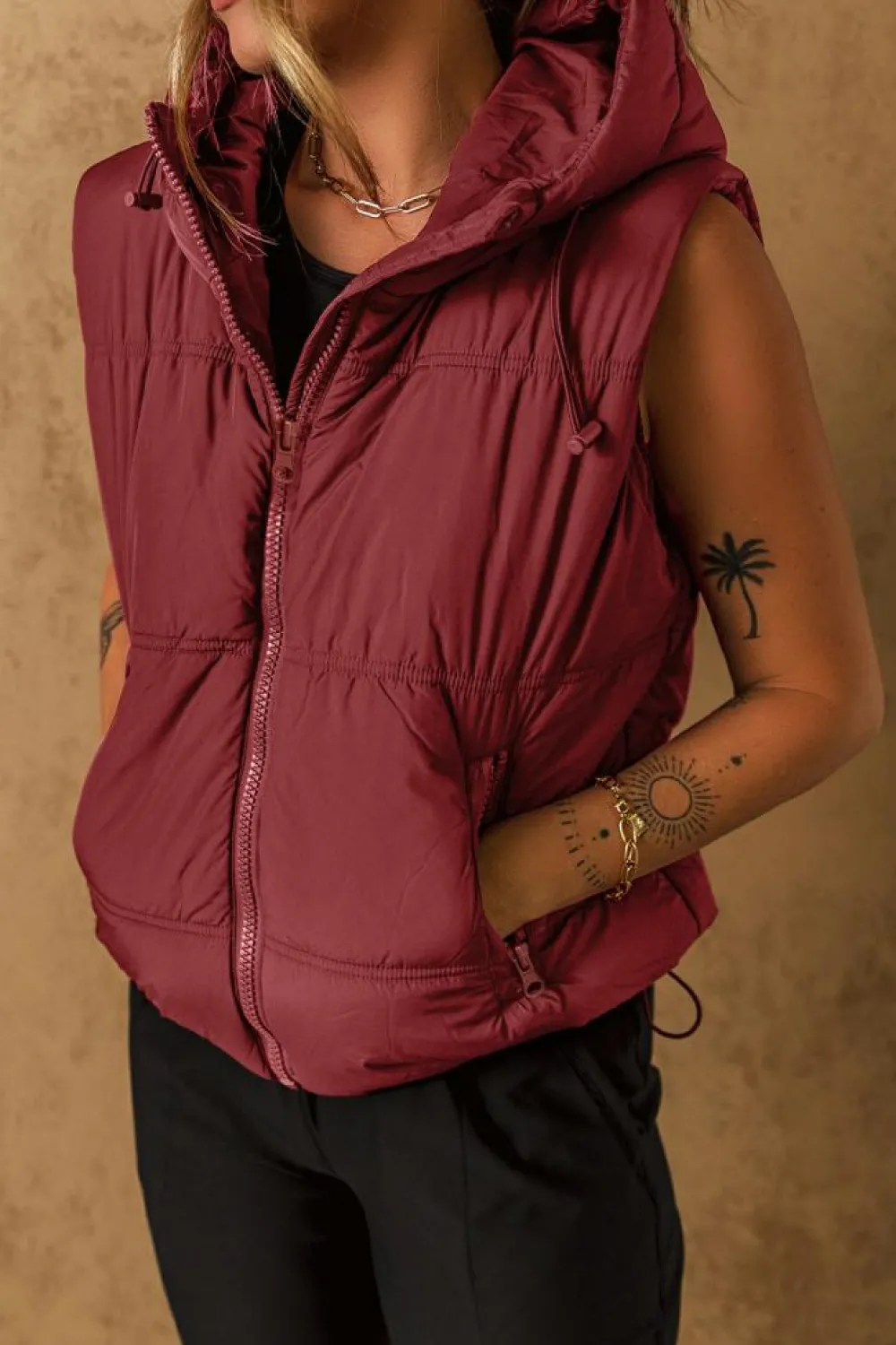 Hot Dear-Lover Zip-up Side Pockets Hooded Puffer Vest Clay