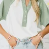 New Dear-Lover Colorblock Raglan Short Sleeve Half Buttons High Low T Shirt Clearly Aqua
