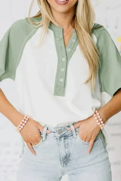 New Dear-Lover Colorblock Raglan Short Sleeve Half Buttons High Low T Shirt Clearly Aqua