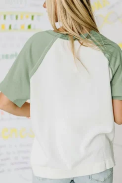 New Dear-Lover Colorblock Raglan Short Sleeve Half Buttons High Low T Shirt Clearly Aqua