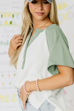 New Dear-Lover Colorblock Raglan Short Sleeve Half Buttons High Low T Shirt Clearly Aqua